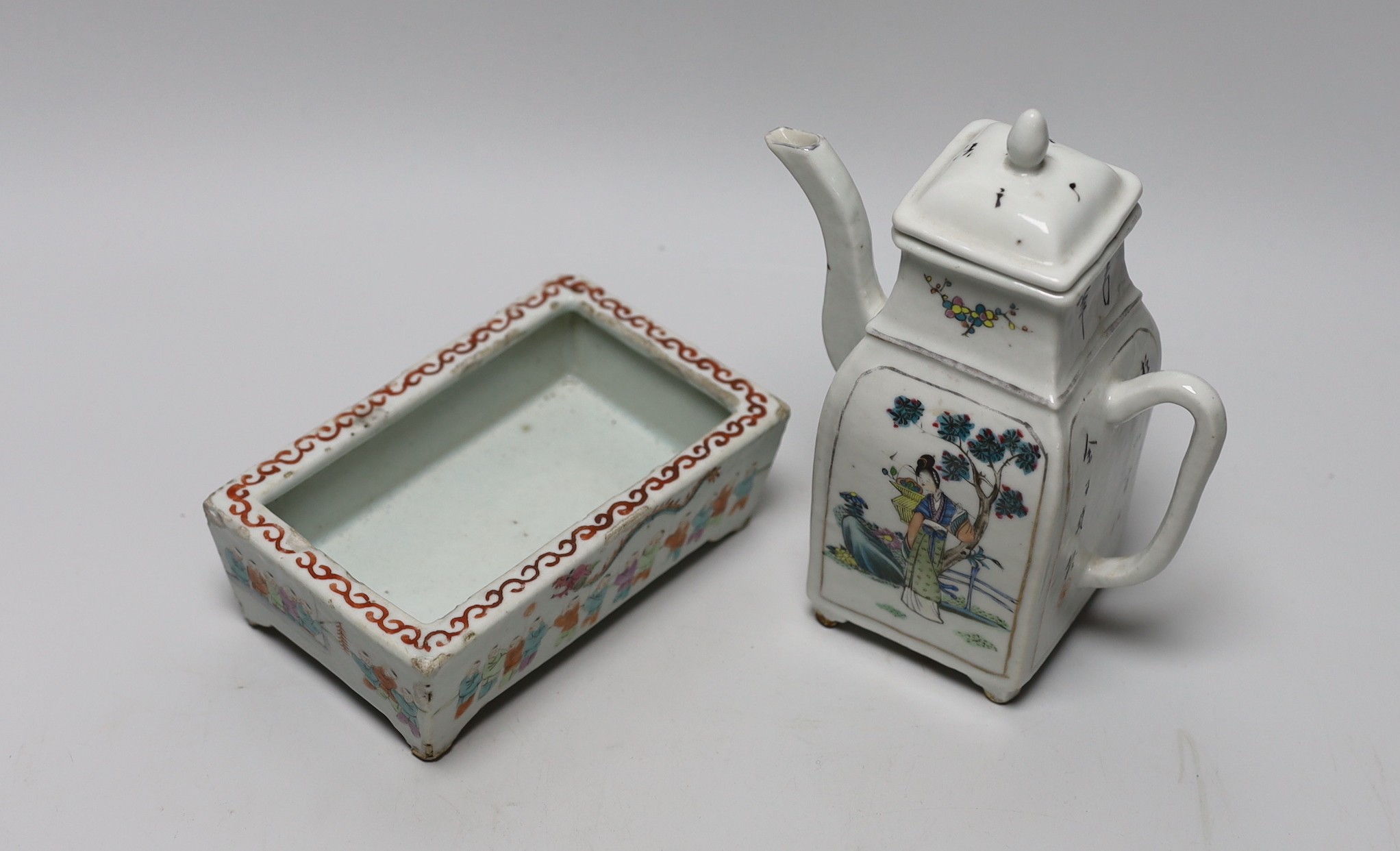 A Chinese Republic period teapot and small dish, teapot 18cm tall